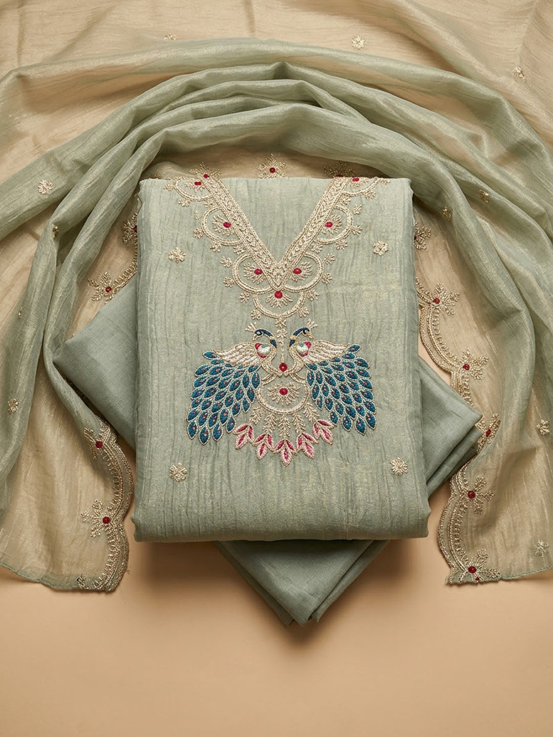 Aqua-Green Tissue Embroidered Unstitched Dress Material