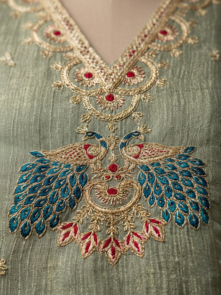Aqua-Green Tissue Embroidered Unstitched Dress Material