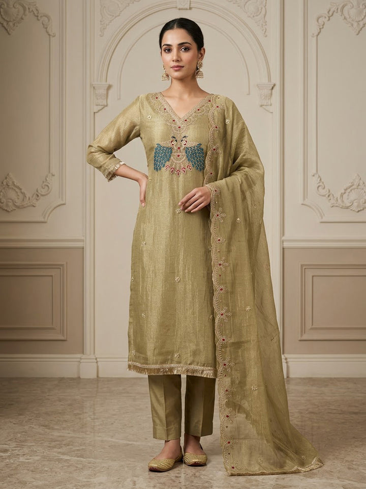 Beige Tissue Embroidered Unstitched Dress Material