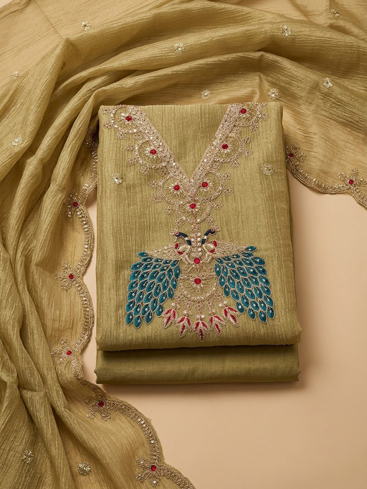 Beige Tissue Embroidered Unstitched Dress Material