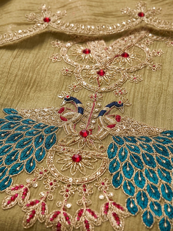 Beige Tissue Embroidered Unstitched Dress Material