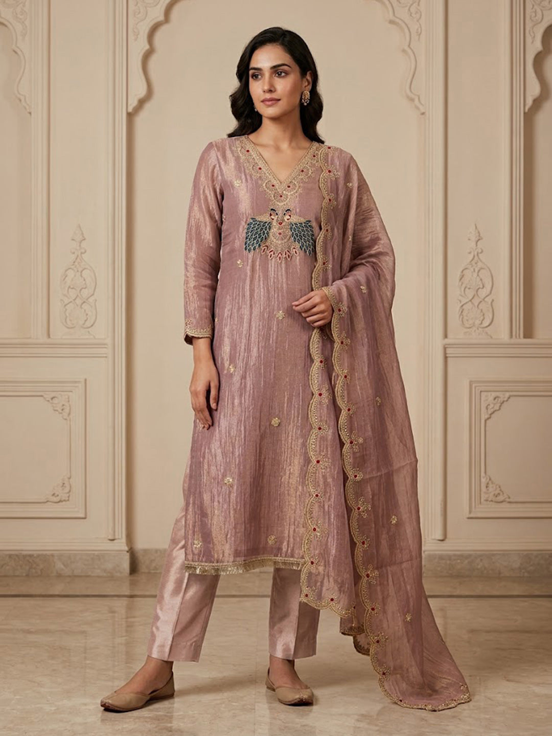 Onion-Pink Tissue Embroidered Unstitched Dress Material