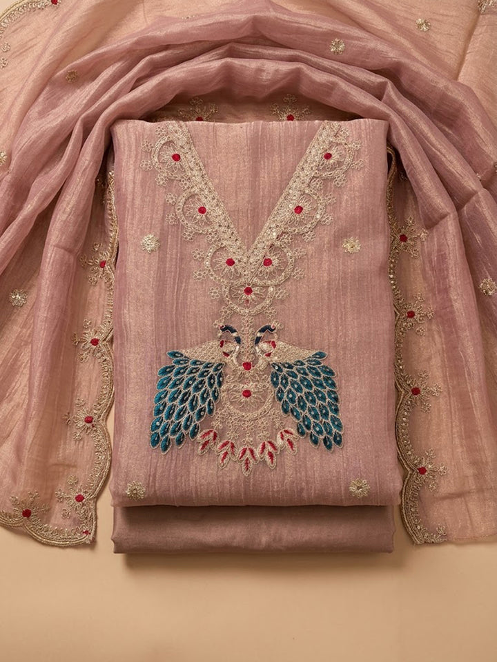 Onion-Pink Tissue Embroidered Unstitched Dress Material