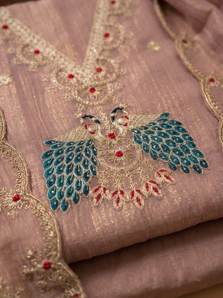 Onion-Pink Tissue Embroidered Unstitched Dress Material