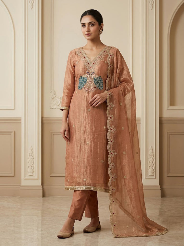 Peach Tissue Embroidered Unstitched Dress Material