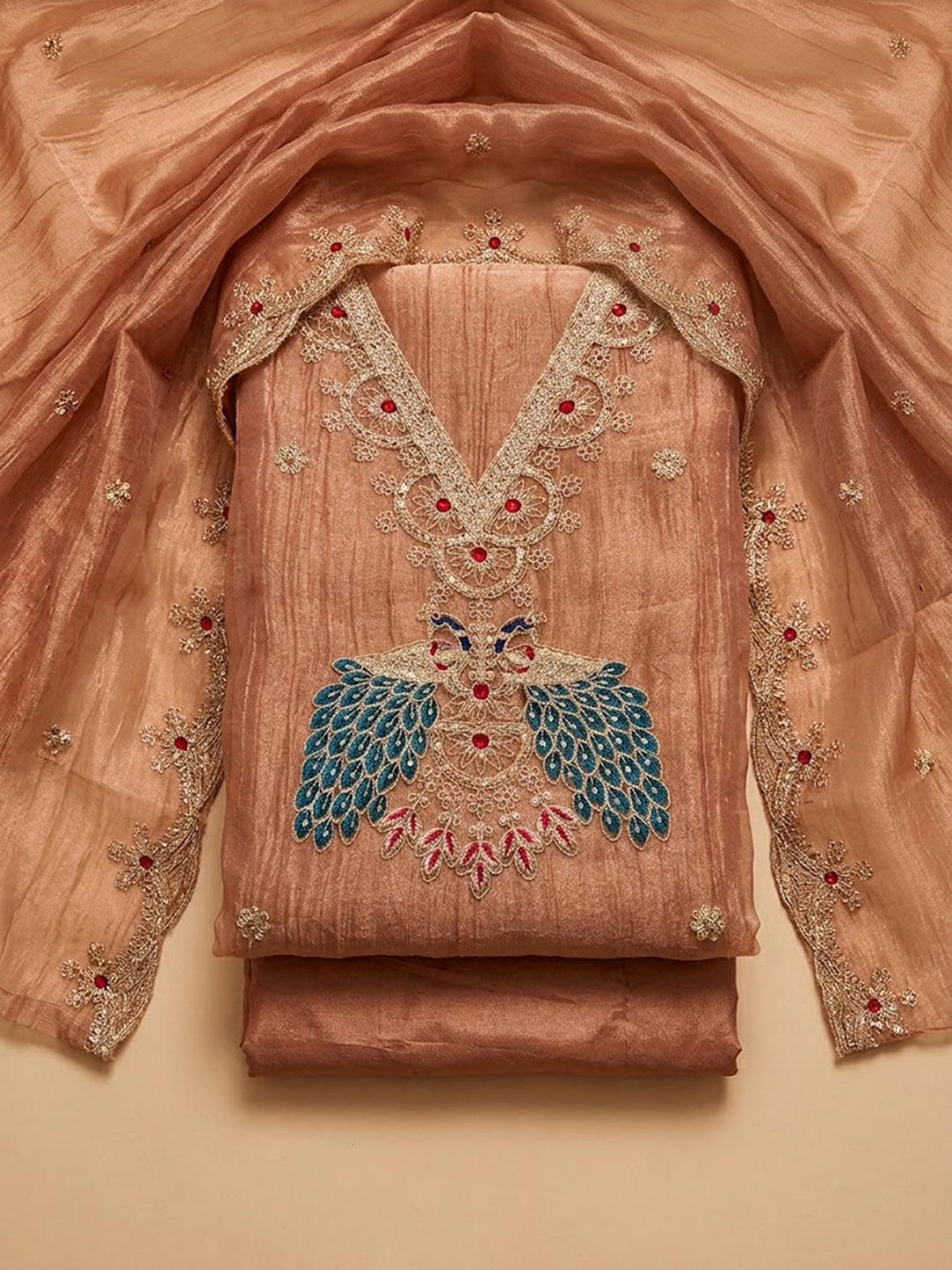 Peach Tissue Embroidered Unstitched Dress Material