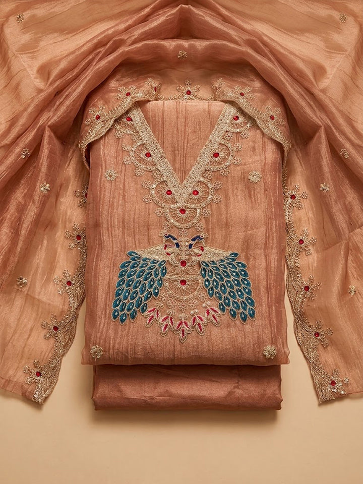 Peach Tissue Embroidered Unstitched Dress Material
