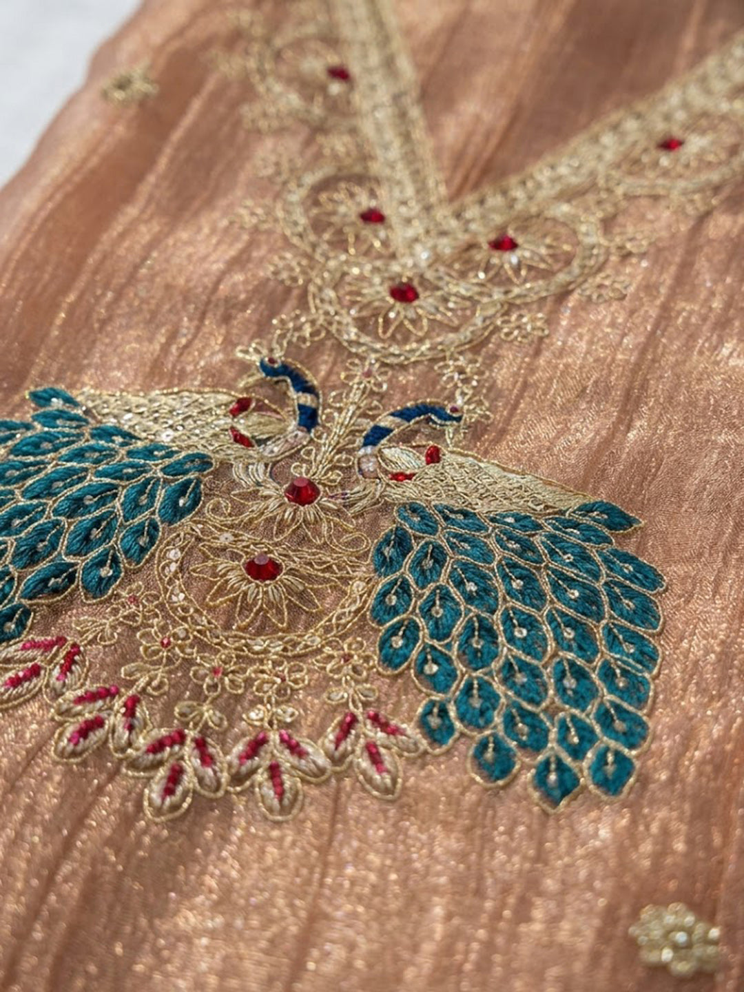 Peach Tissue Embroidered Unstitched Dress Material