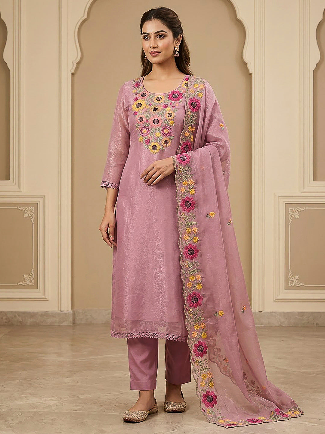 Onion Pink Chanderi Embroidered Unstitched Dress Material