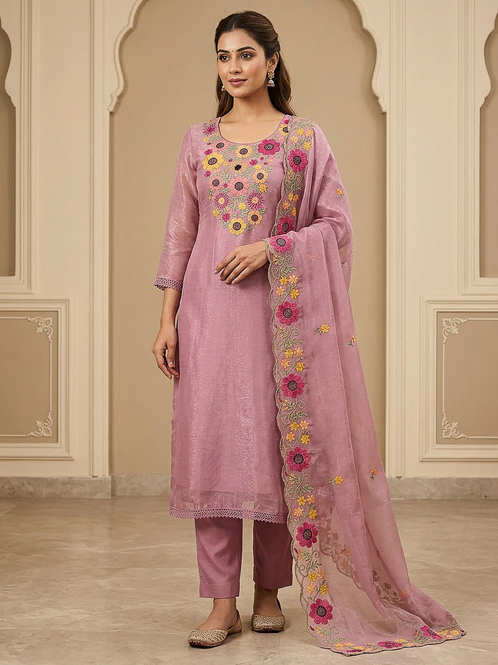 Onion Pink Chanderi Embroidered Unstitched Dress Material