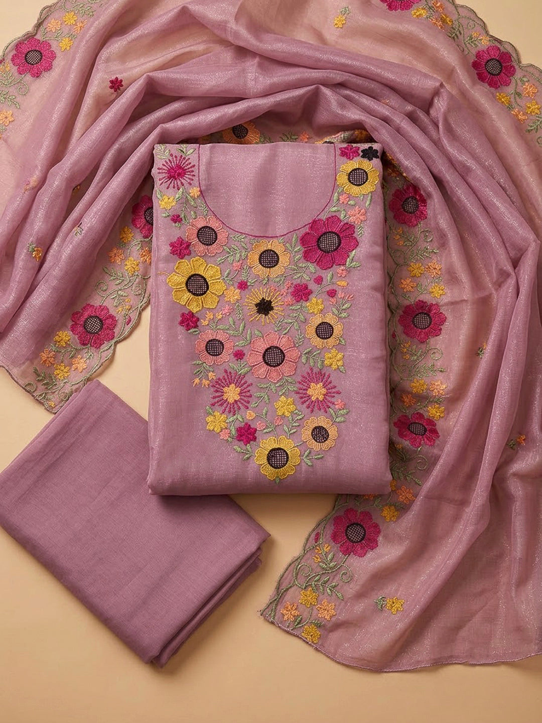 Onion Pink Chanderi Embroidered Unstitched Dress Material