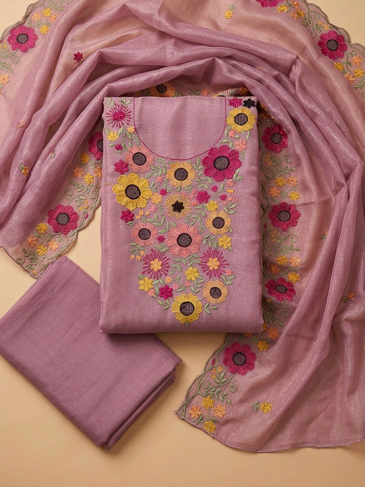 Onion Pink Chanderi Embroidered Unstitched Dress Material