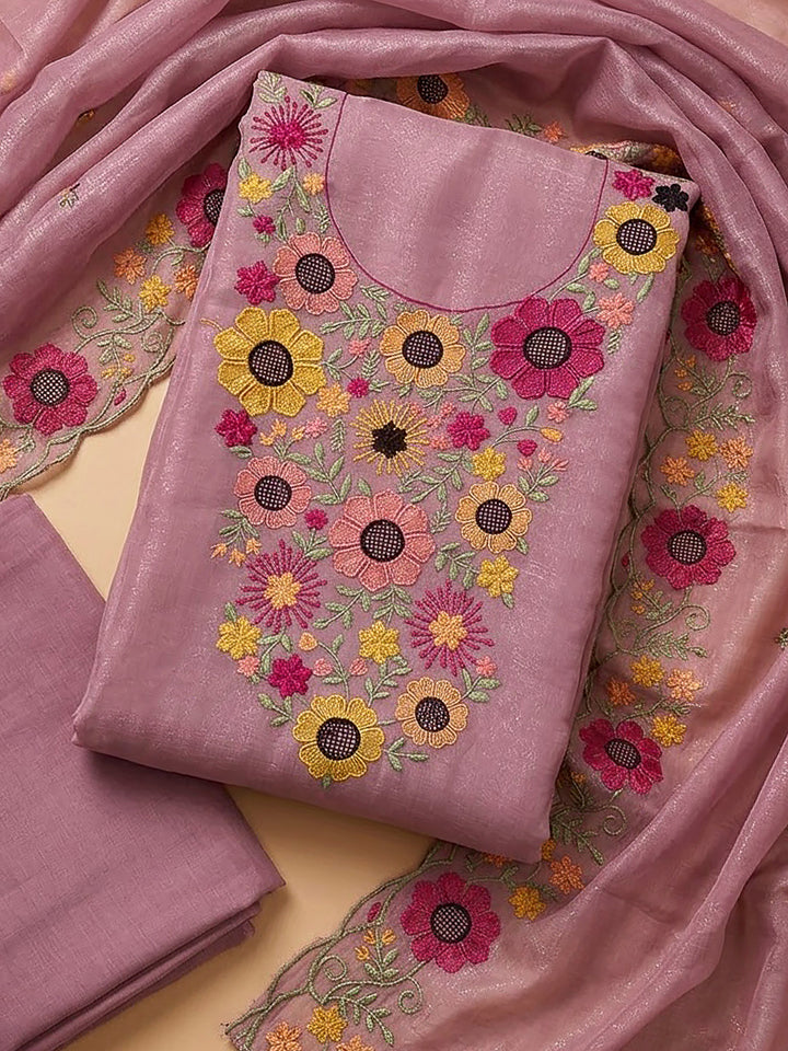 Onion Pink Chanderi Embroidered Unstitched Dress Material