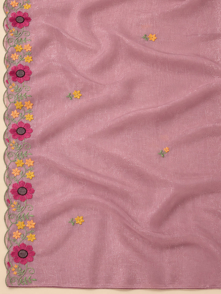 Onion Pink Chanderi Embroidered Unstitched Dress Material