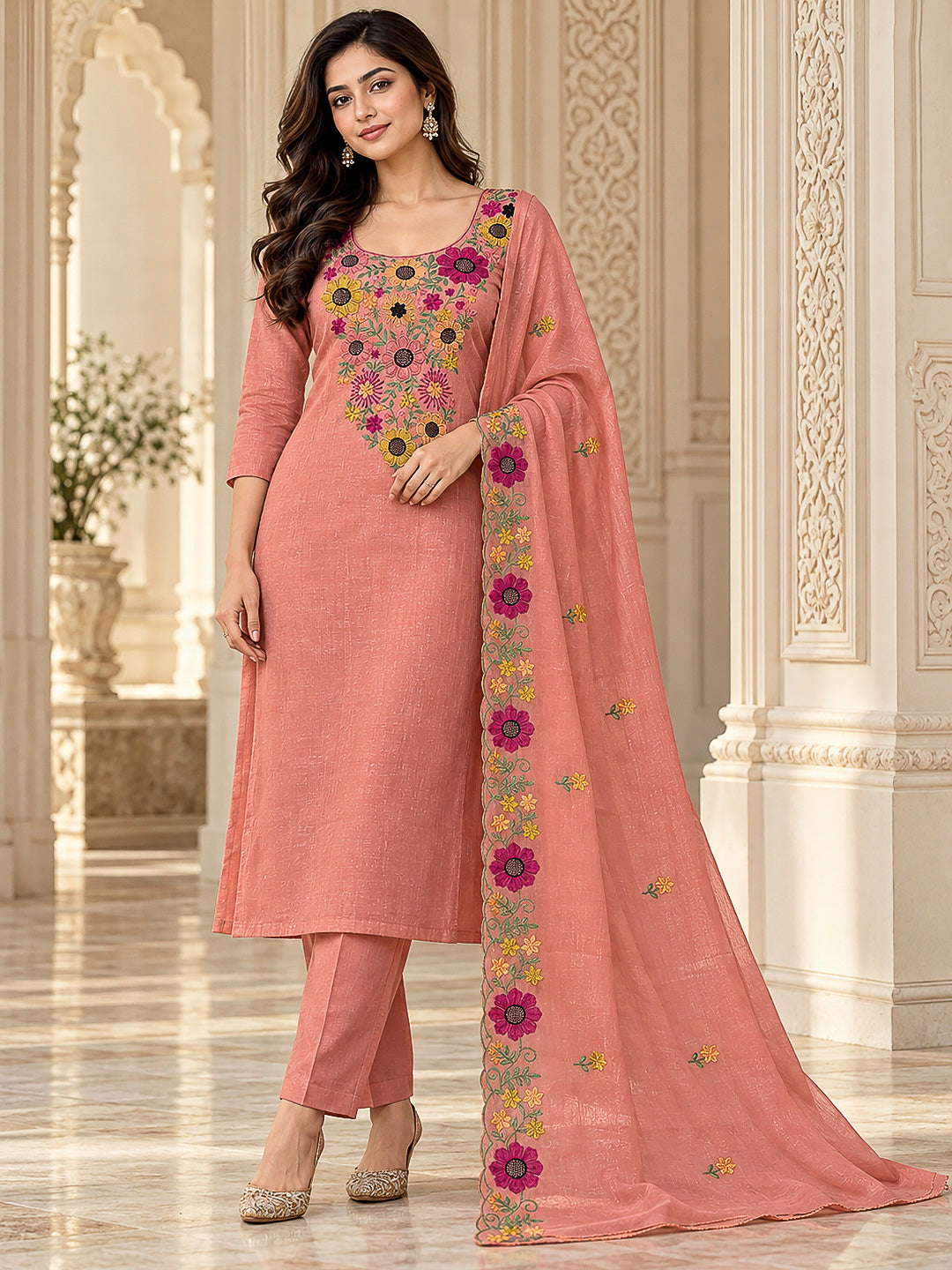 Peach Chanderi Embroidered Unstitched Dress Material