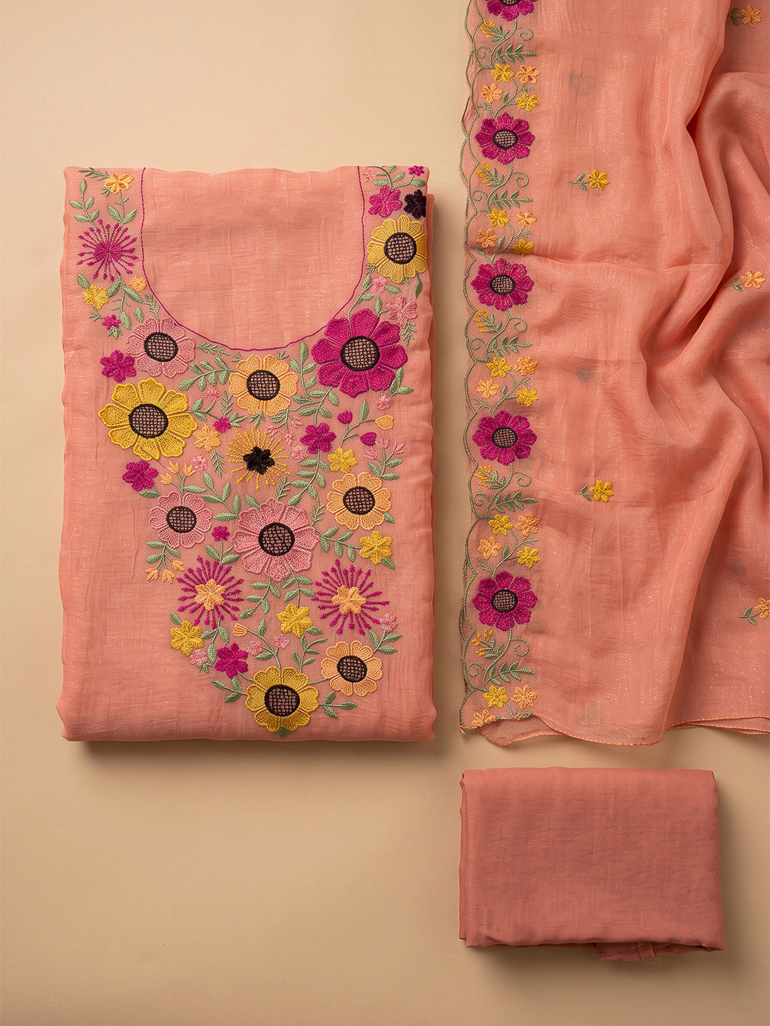 Peach Chanderi Embroidered Unstitched Dress Material