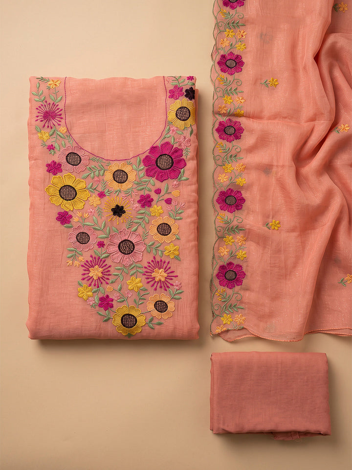 Peach Chanderi Embroidered Unstitched Dress Material