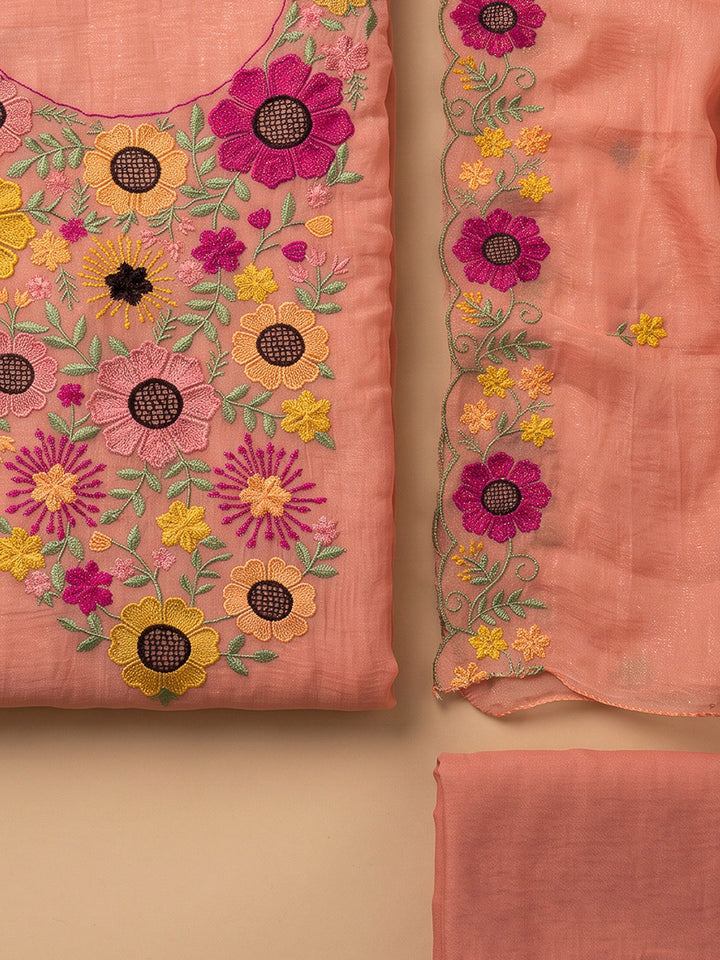Peach Chanderi Embroidered Unstitched Dress Material