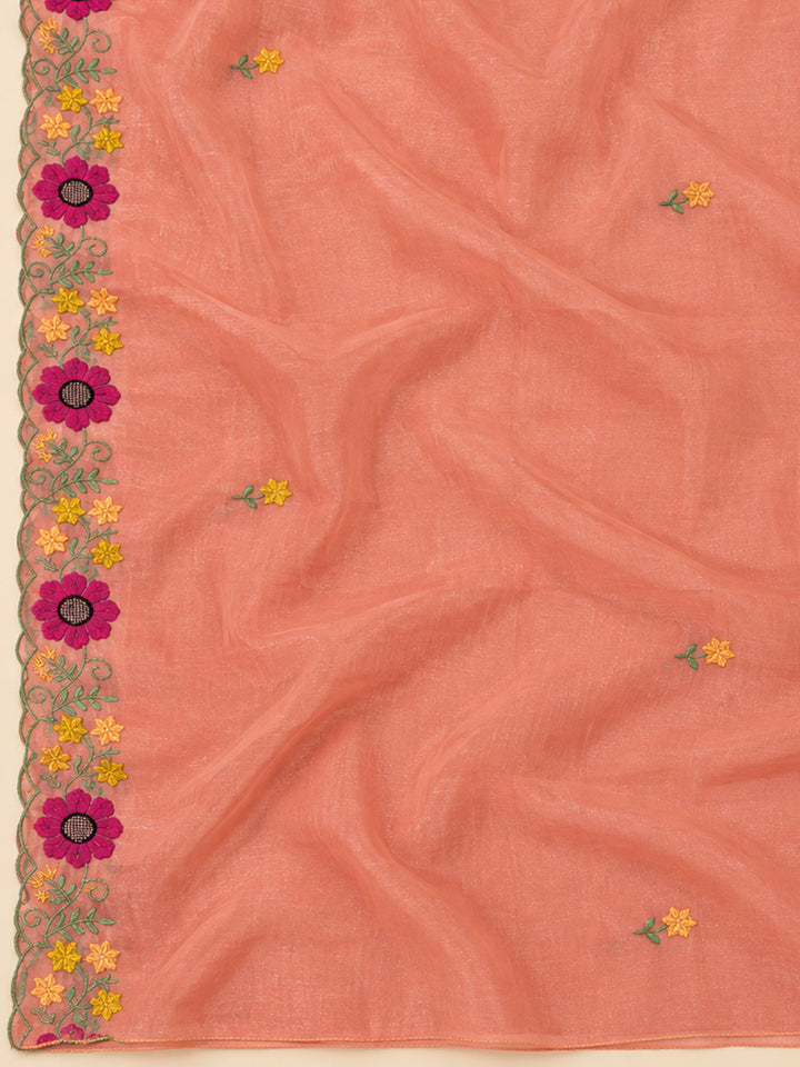 Peach Chanderi Embroidered Unstitched Dress Material