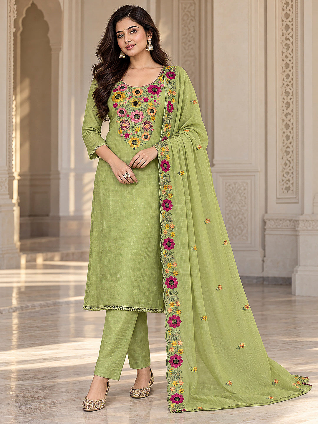 Pista Green Chanderi Embroidered Unstitched Dress Material