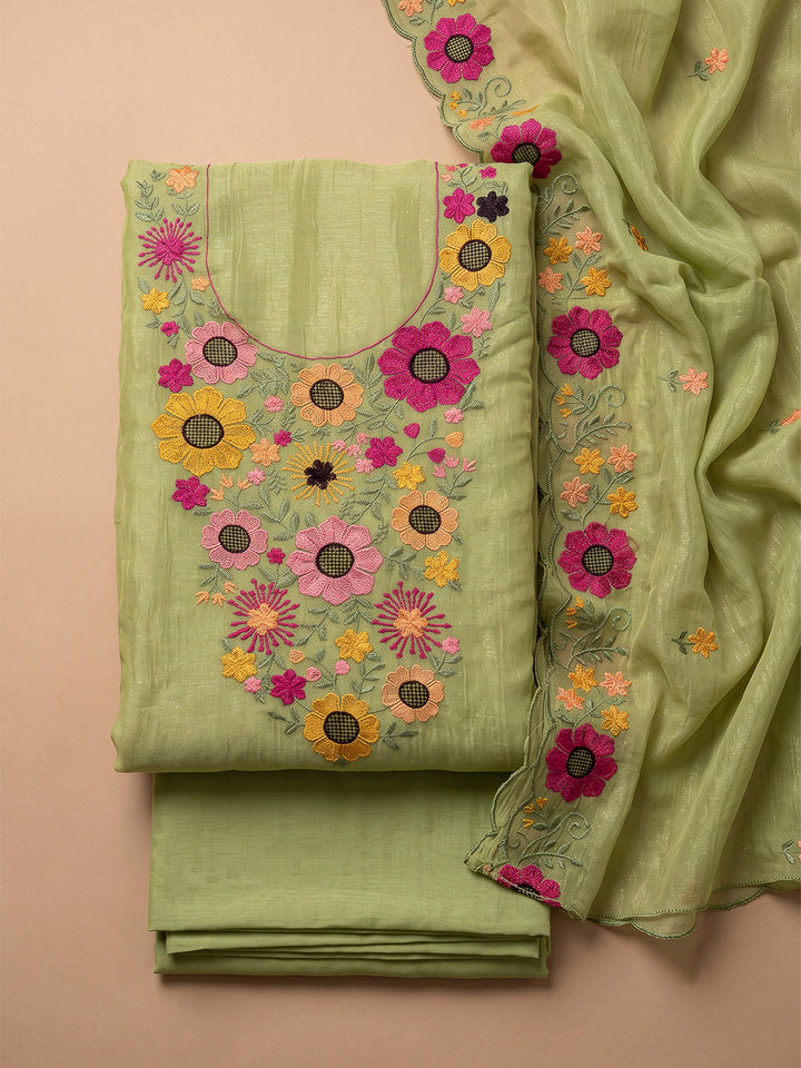 Pista Green Chanderi Embroidered Unstitched Dress Material