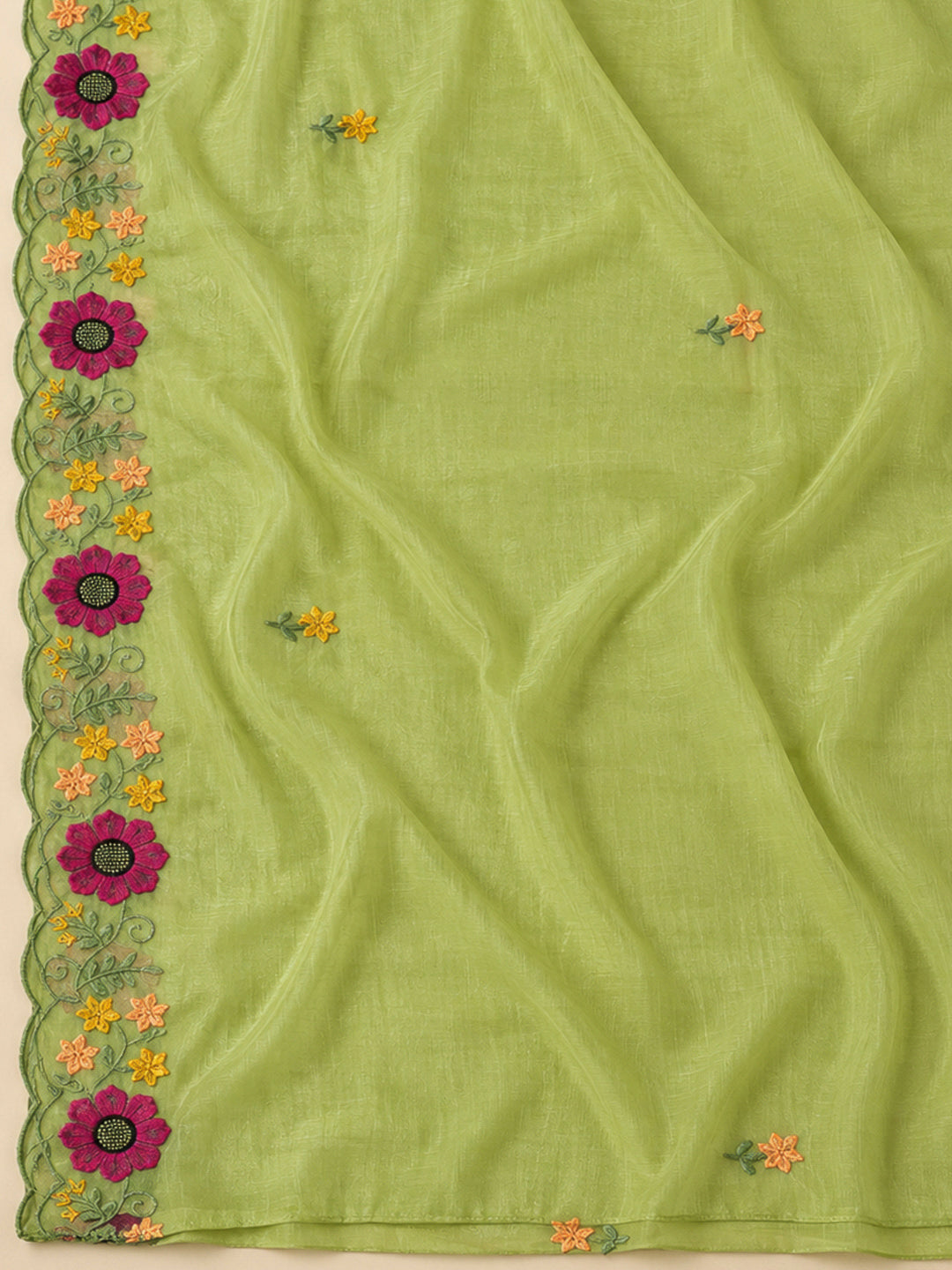 Pista Green Chanderi Embroidered Unstitched Dress Material