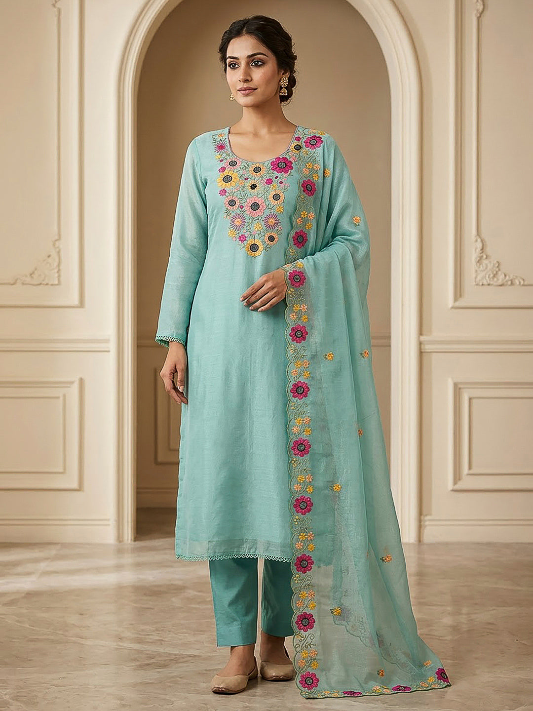 Sky Blue Chanderi Embroidered Unstitched Dress Material