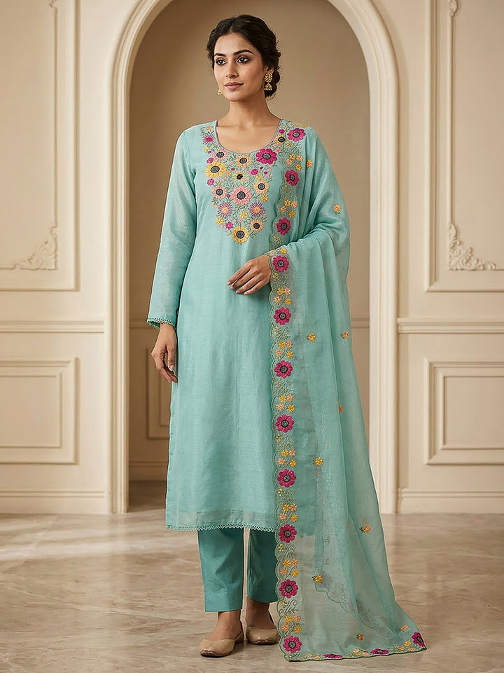 Sky Blue Chanderi Embroidered Unstitched Dress Material