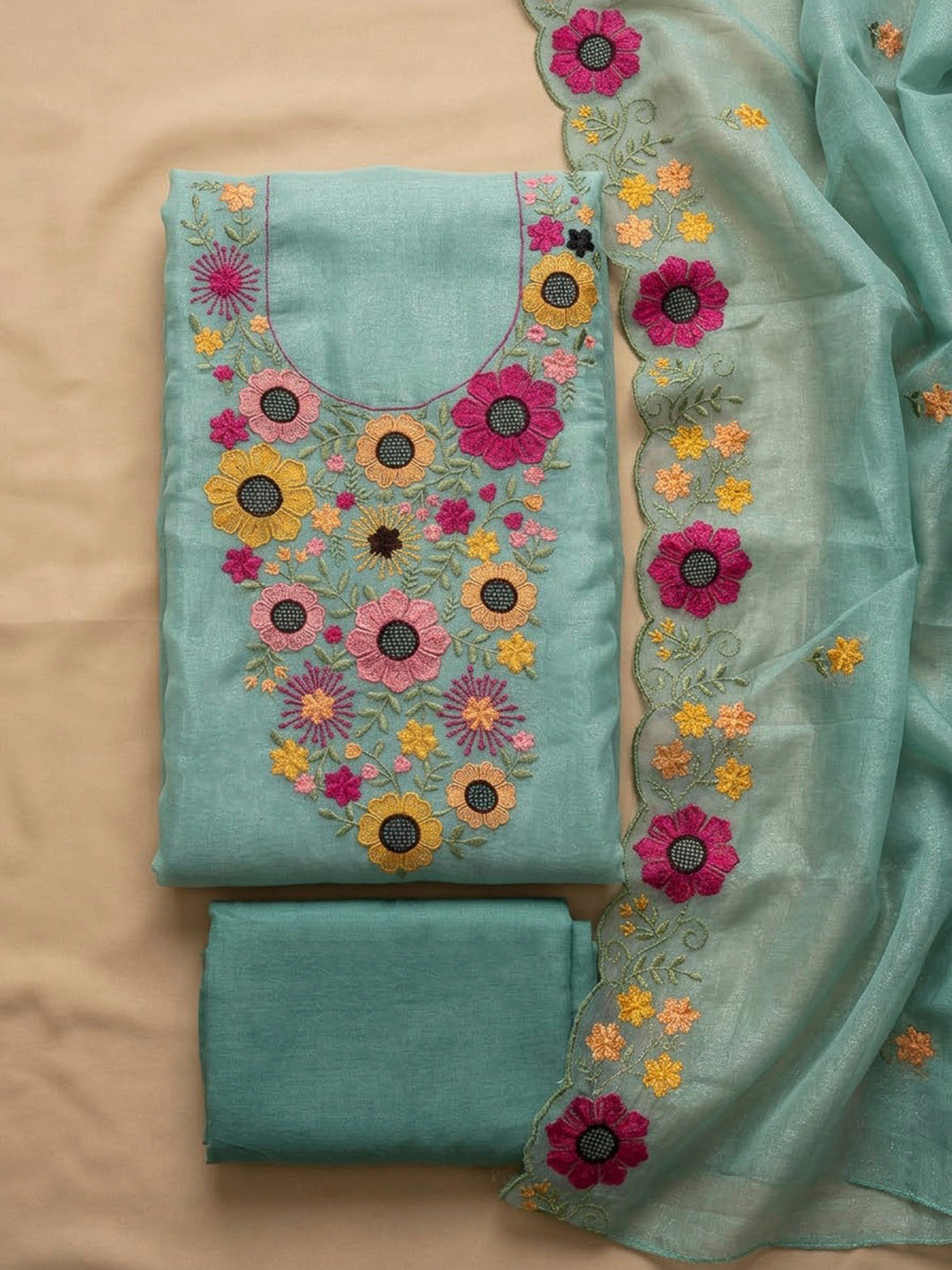Sky Blue Chanderi Embroidered Unstitched Dress Material