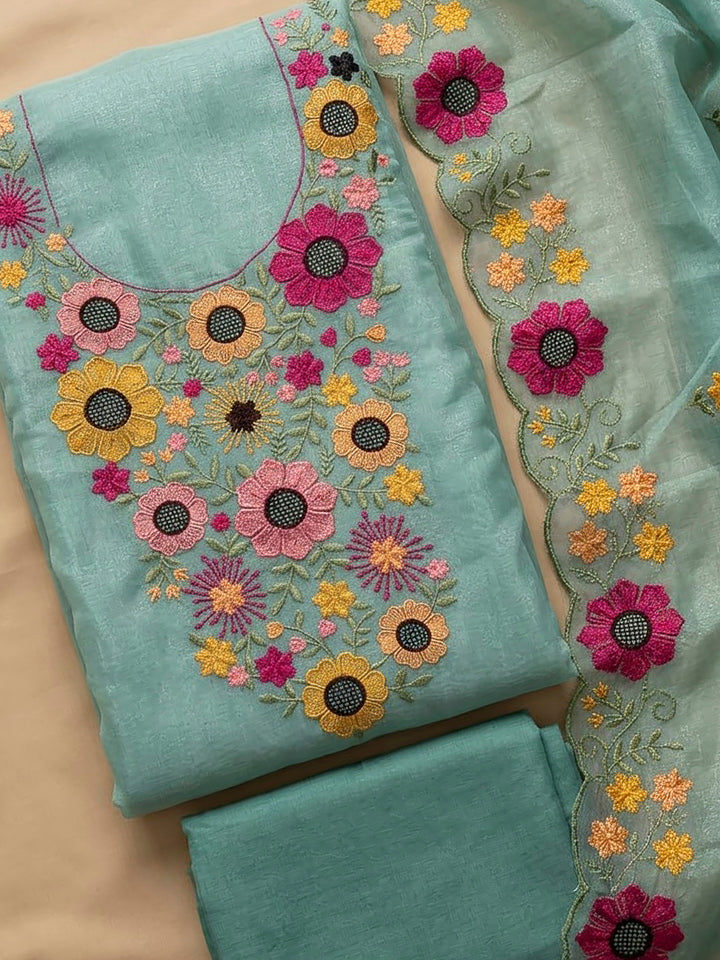 Sky Blue Chanderi Embroidered Unstitched Dress Material