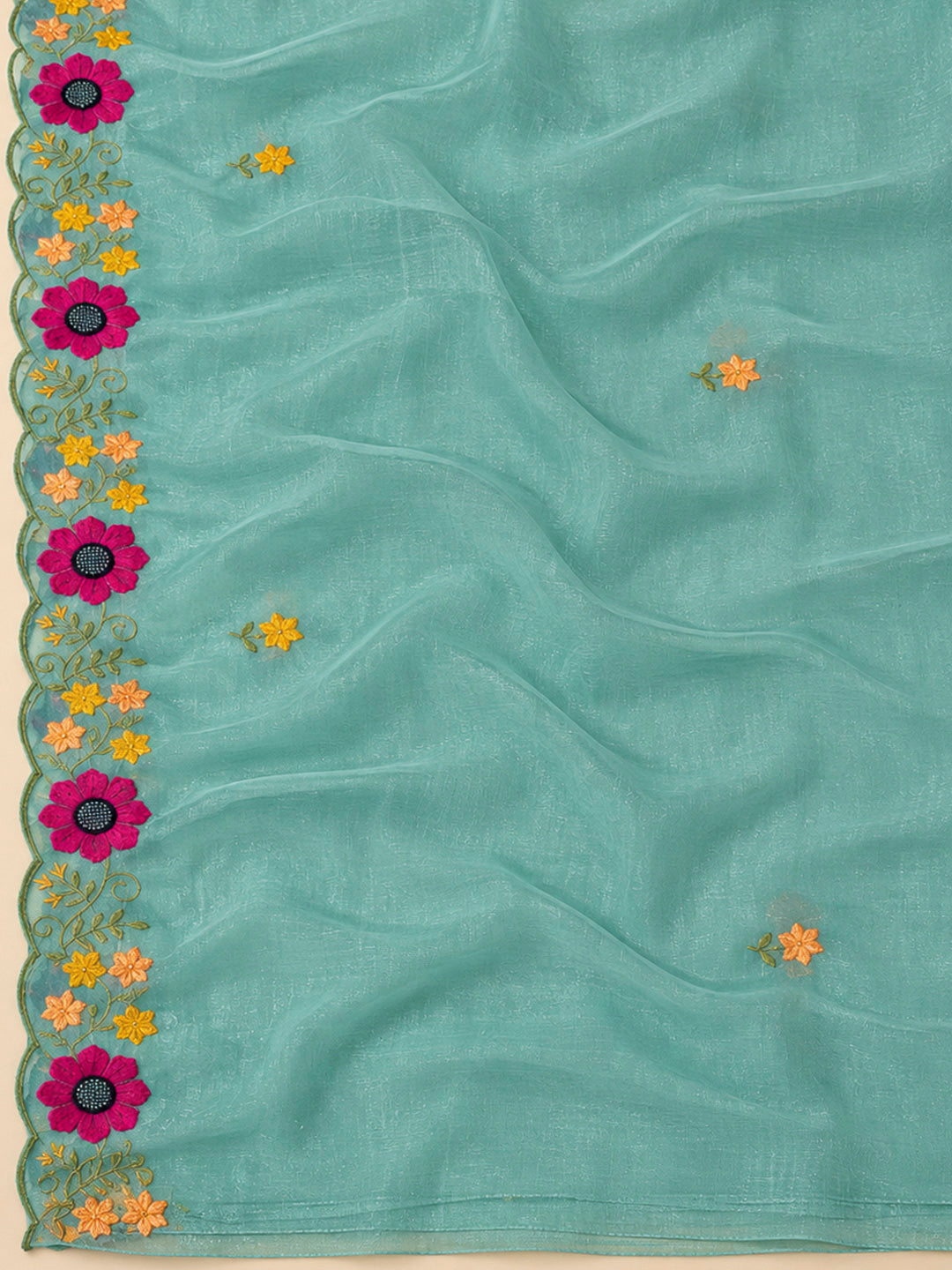 Sky Blue Chanderi Embroidered Unstitched Dress Material