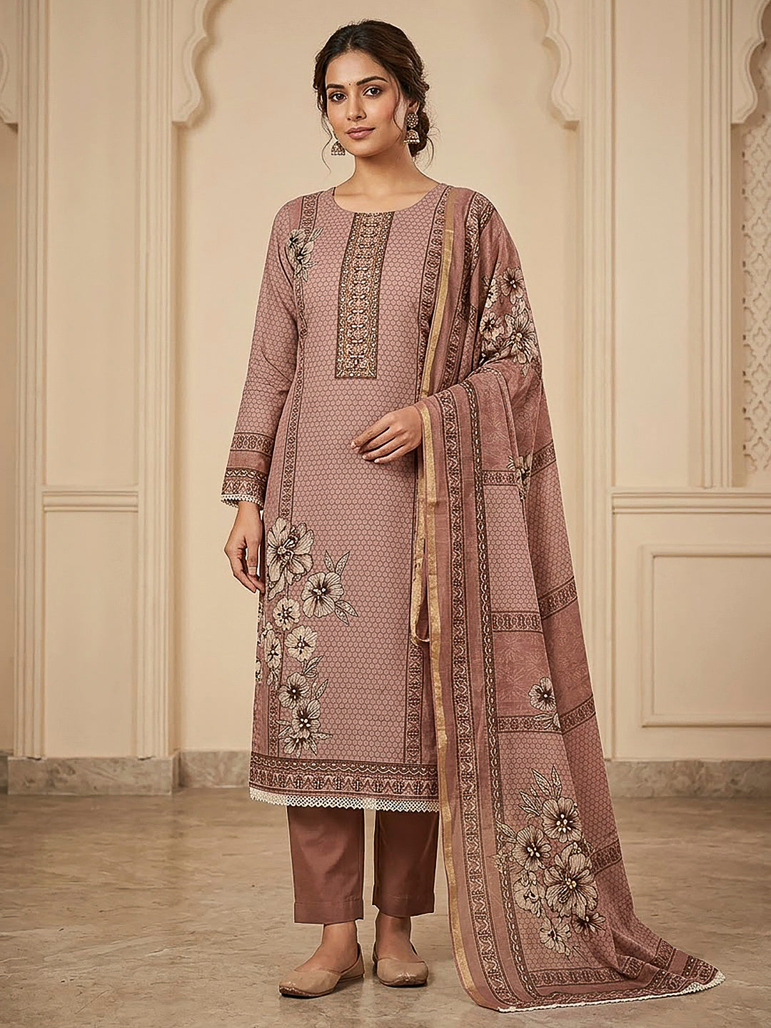Dusty Pink Chanderi Printed Unstitched Dress Material