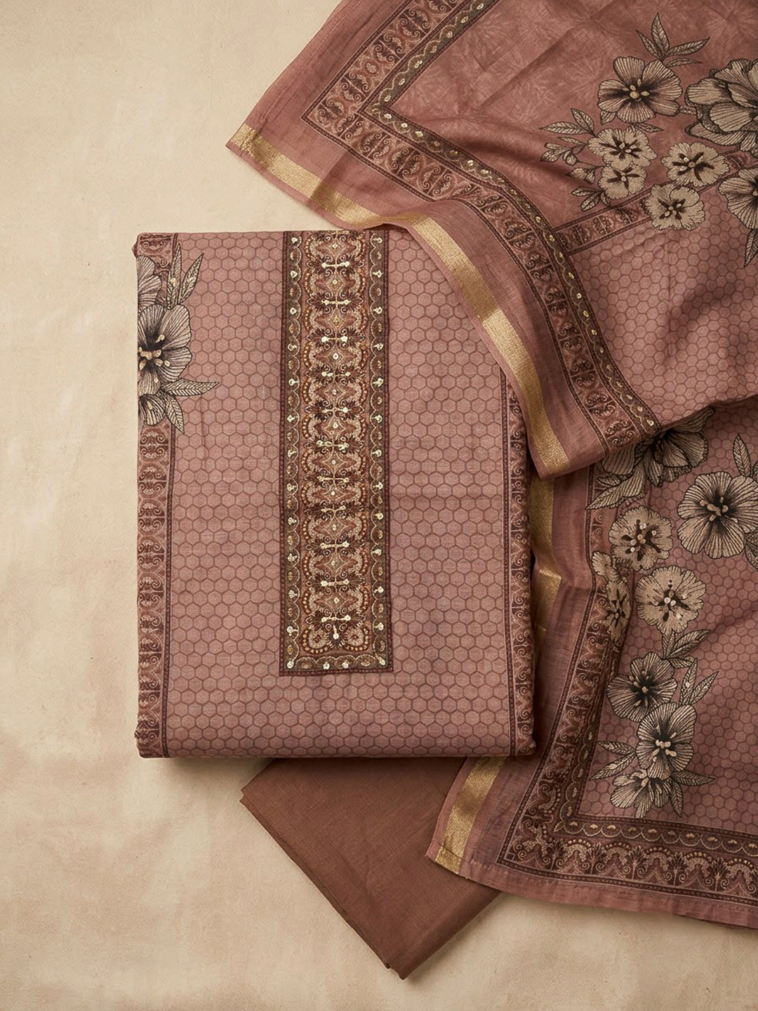 Dusty Pink Chanderi Printed Unstitched Dress Material