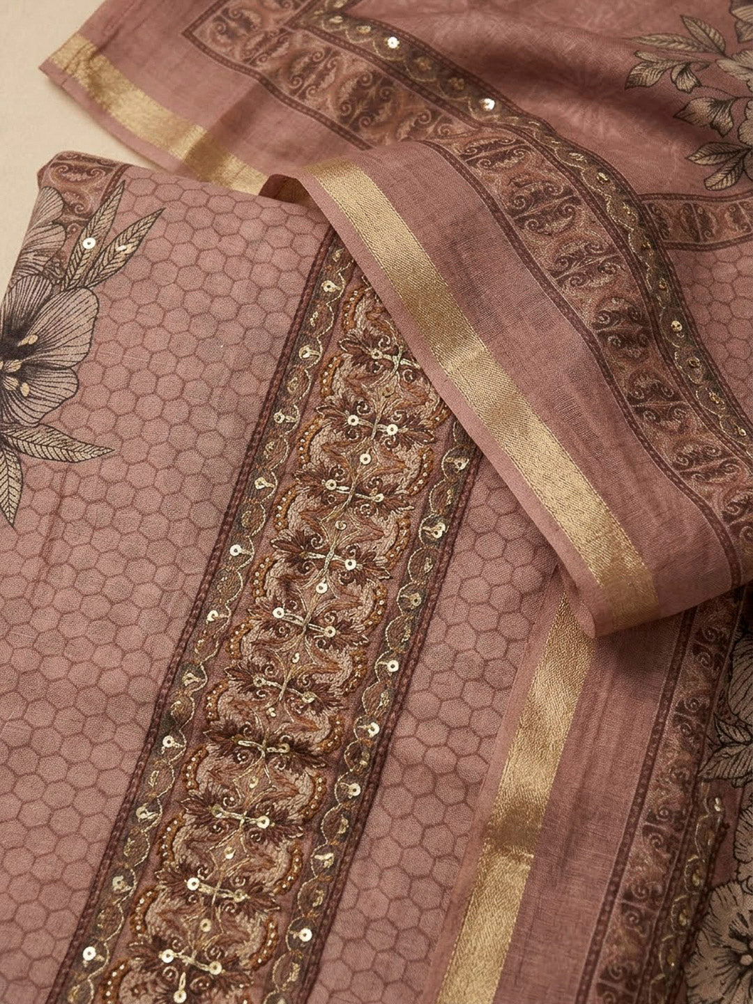 Dusty Pink Chanderi Printed Unstitched Dress Material