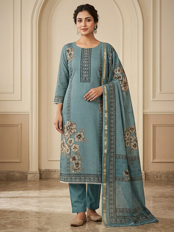 Grey Chanderi Printed Unstitched Dress Material