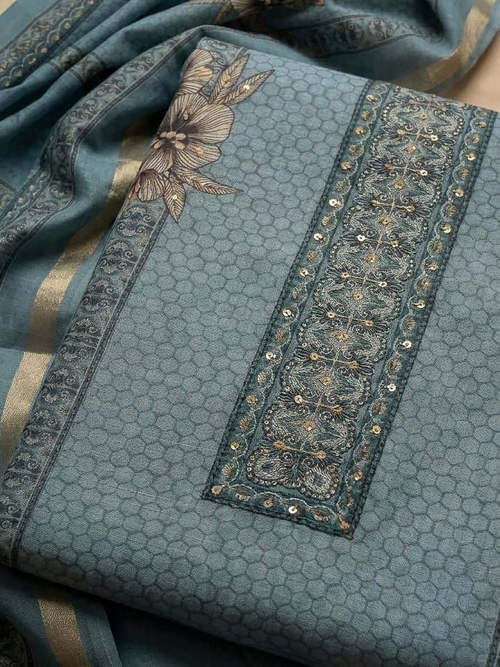 Grey Chanderi Printed Unstitched Dress Material