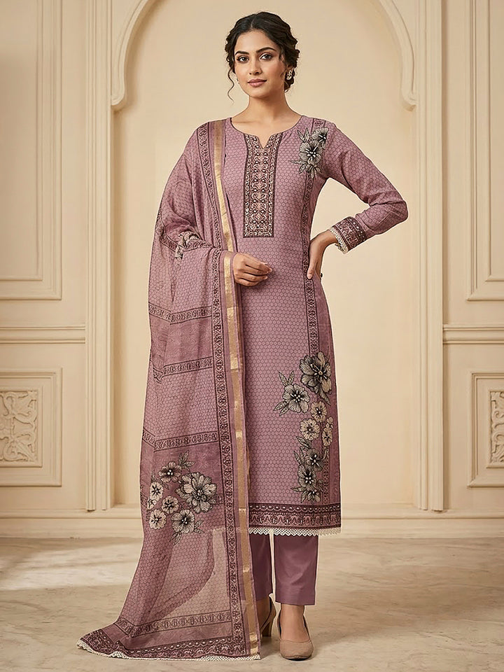 Onion Pink Chanderi Printed Unstitched Dress Material