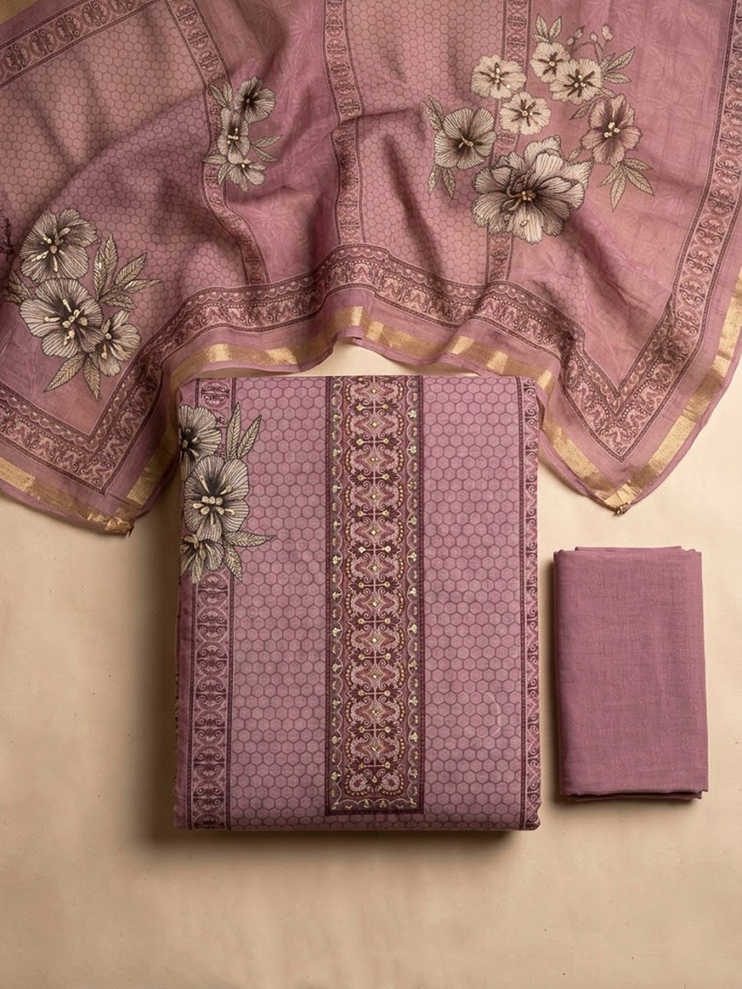 Onion Pink Chanderi Printed Unstitched Dress Material
