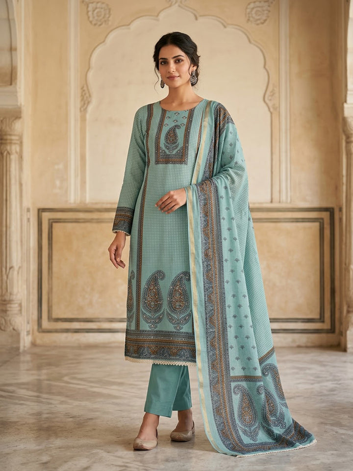 Sky Blue Chanderi Embroidered Unstitched Dress Material