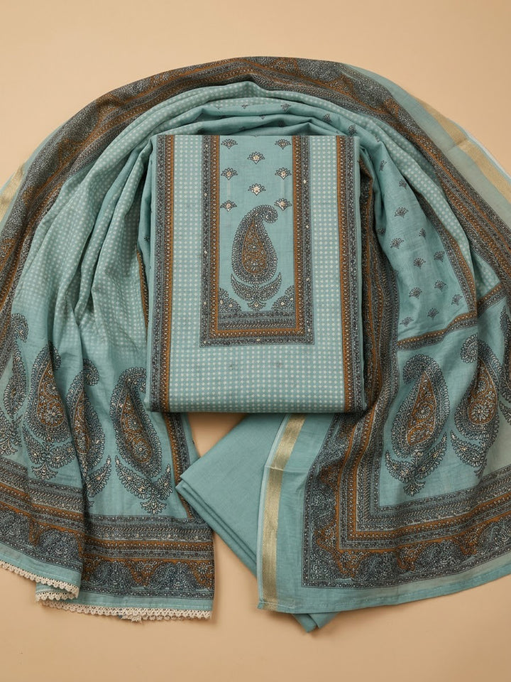Sky Blue Chanderi Embroidered Unstitched Dress Material