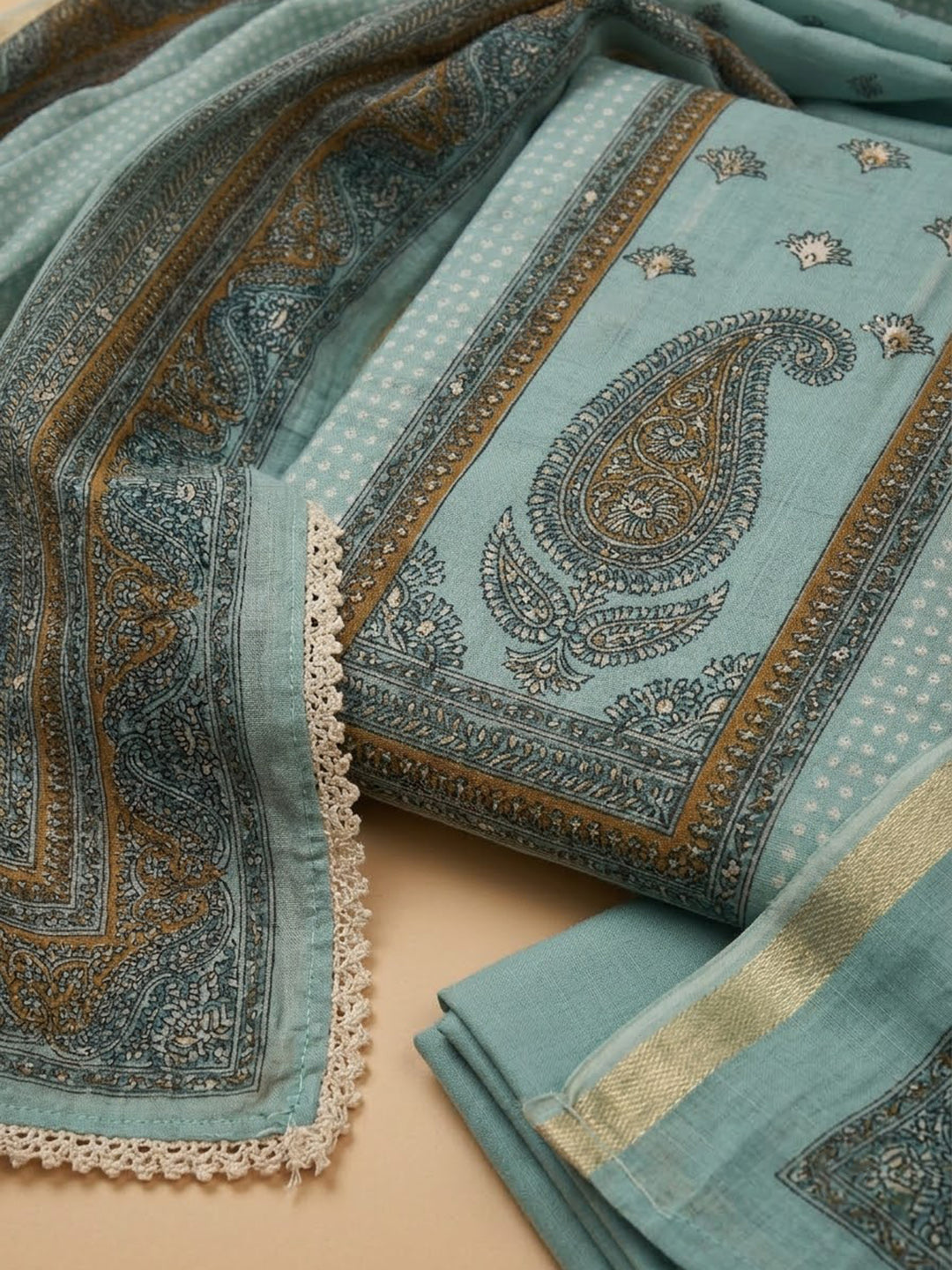 Sky Blue Chanderi Embroidered Unstitched Dress Material