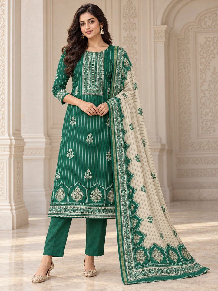 Green Chanderi Printed Unstitched Dress Material