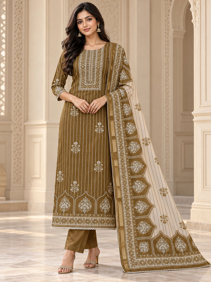 Mehndi Chanderi Printed Unstitched Dress Material