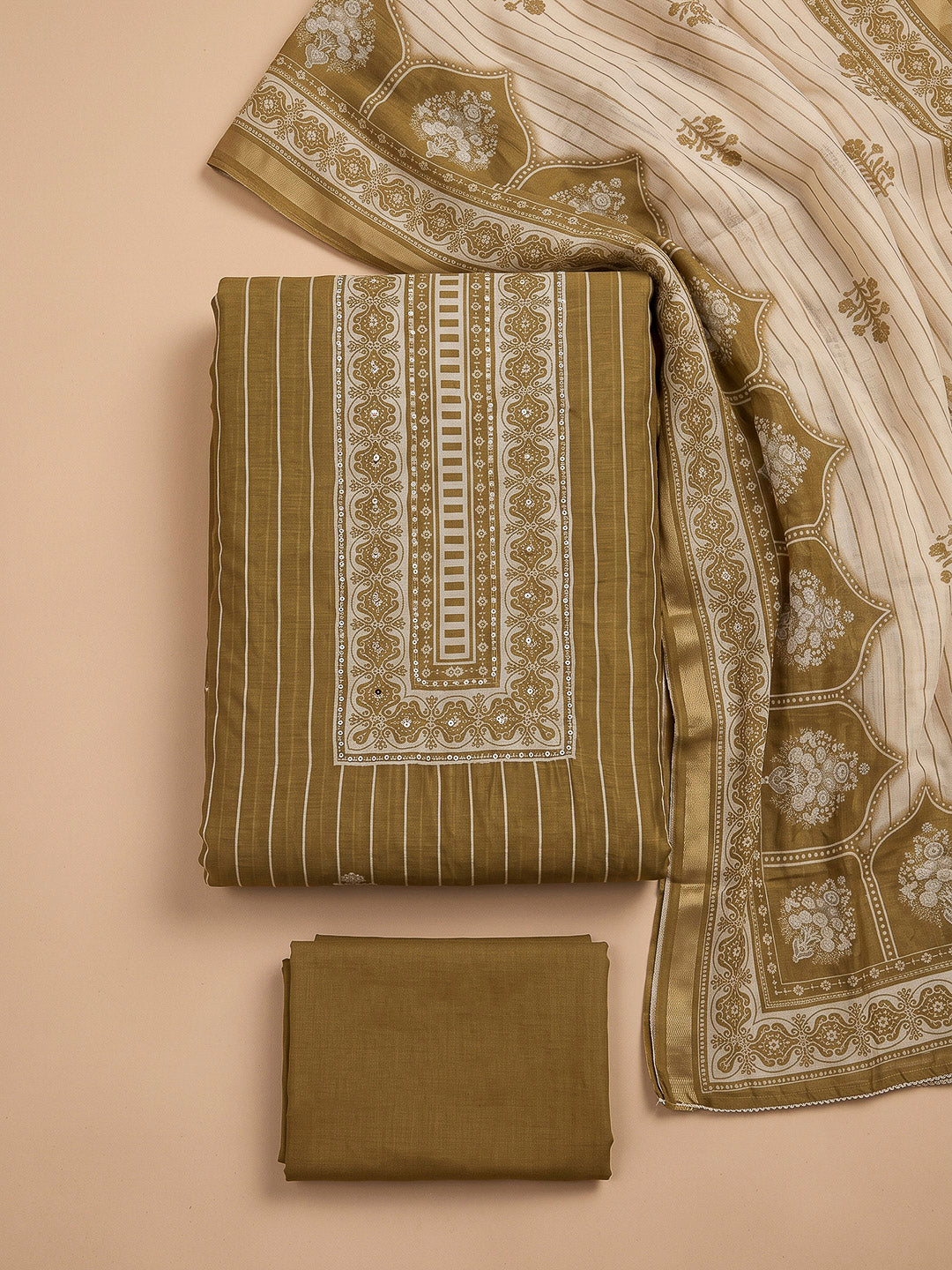 Mehndi Chanderi Printed Unstitched Dress Material