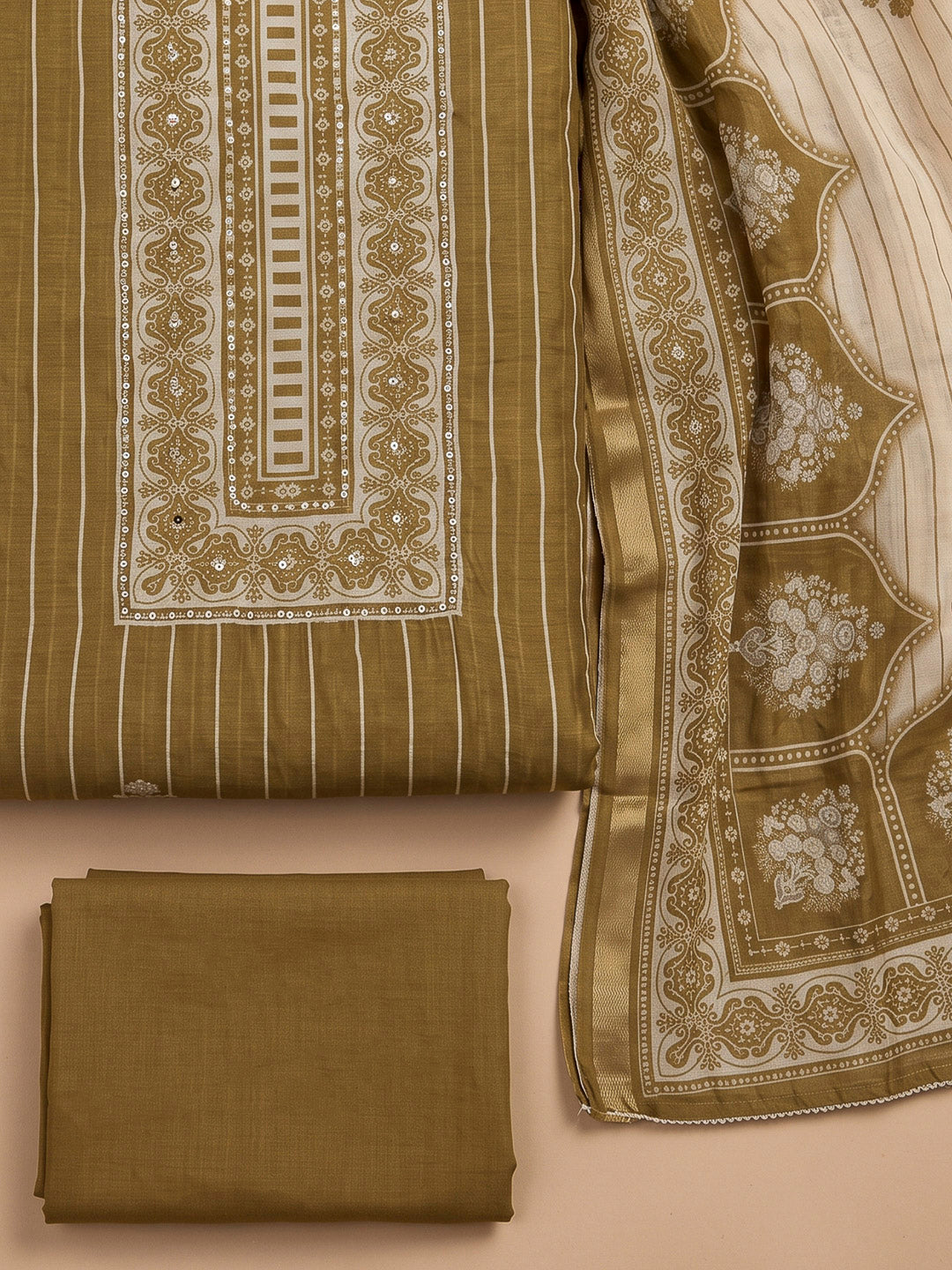 Mehndi Chanderi Printed Unstitched Dress Material