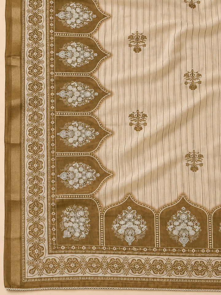 Mehndi Chanderi Printed Unstitched Dress Material