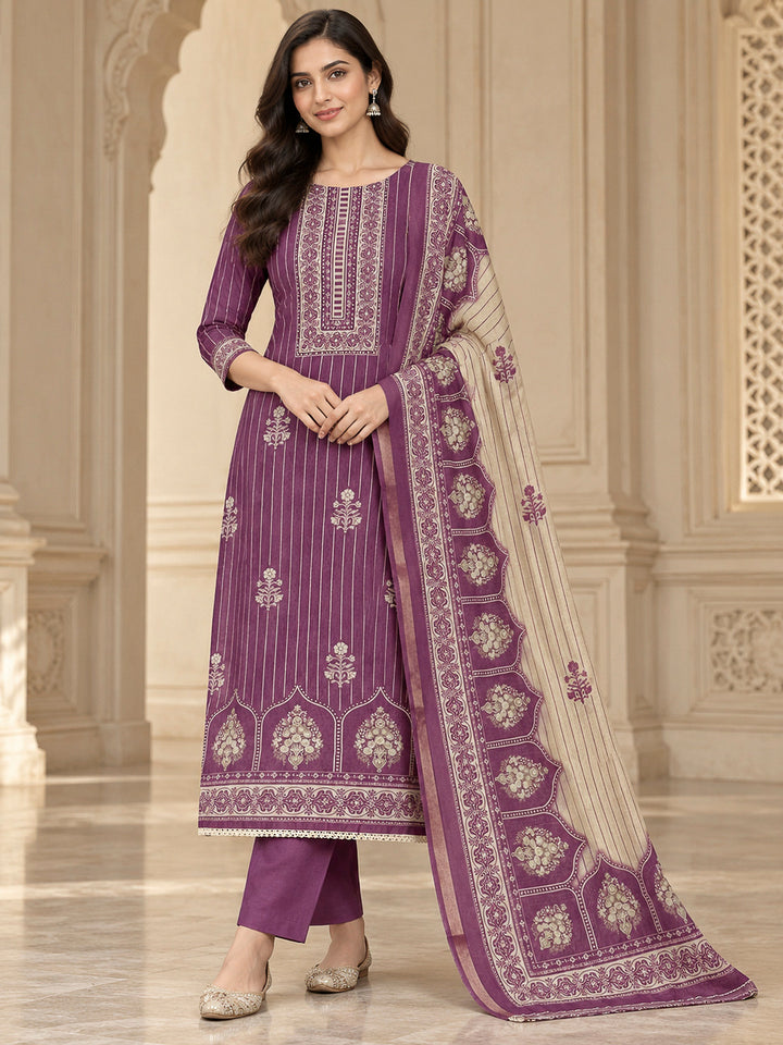 Purple Chanderi Printed Unstitched Dress Material