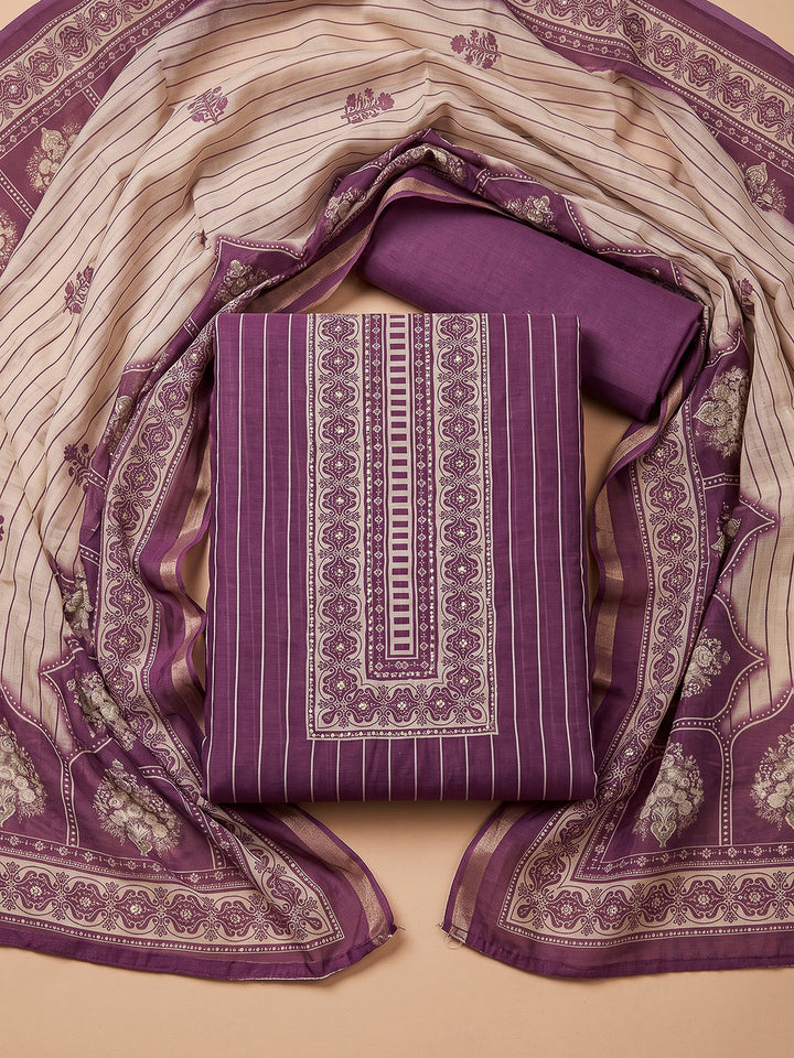 Purple Chanderi Printed Unstitched Dress Material