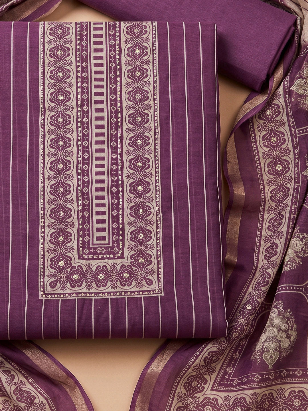 Purple Chanderi Printed Unstitched Dress Material