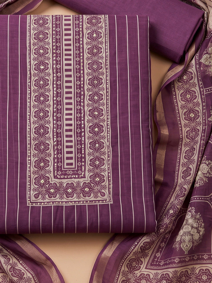 Purple Chanderi Printed Unstitched Dress Material